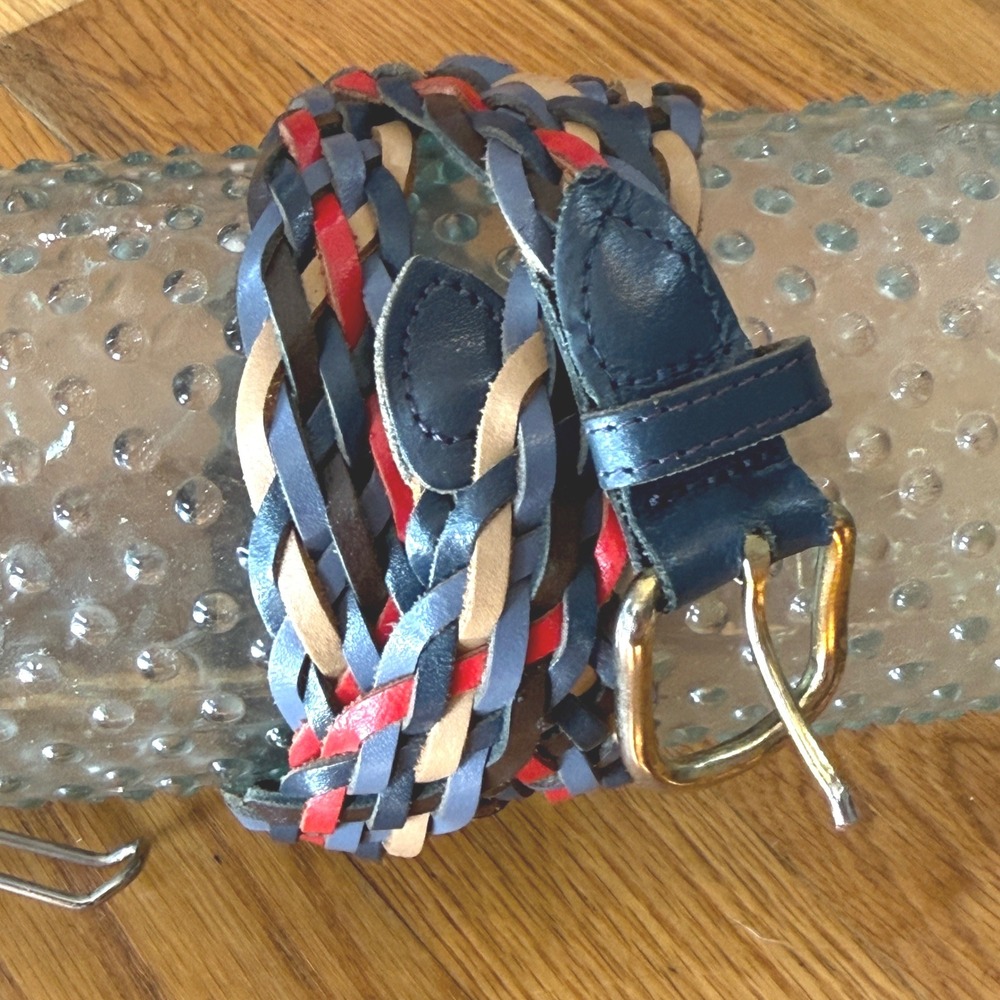 Vintage Multicolor Braided Genuine Leather Belt Navy Red Tan Gold Buckle XL